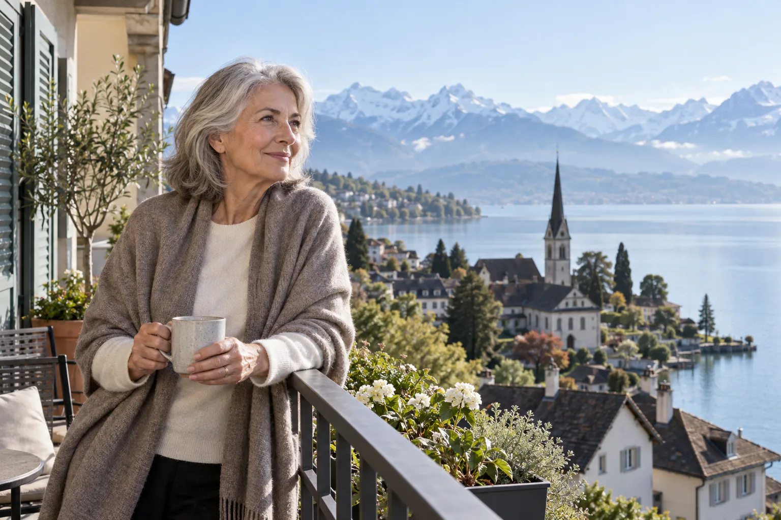 Ältere Frau auf einem Balkon mit Blick auf einen Schweizer See
